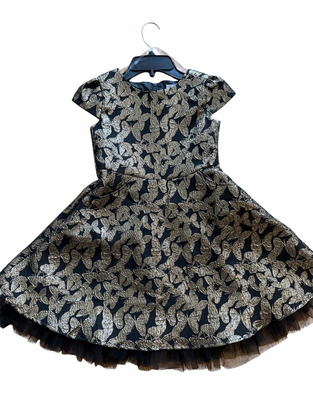 Girls' Black and Gold Party Dress - Elegant Butterfly Jacquard